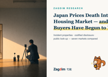 Zagdim Research cover: investigator setting up cameras in an empty Japanese apartment - Japan Prices Death Into Its Housing Market, and Buyers Have Begun to Bite