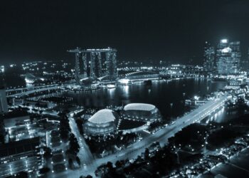Marina Bay and the Singapore central business district skyline at night