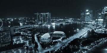 Marina Bay and the Singapore central business district skyline at night