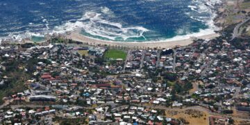 Aerial view of Camps Bay beach and suburb from Table Mountain, Cape Town