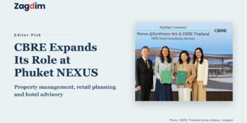 CBRE Thailand and CV Group retail consultancy signing, with a rendering of Phuket's NEXUS behind