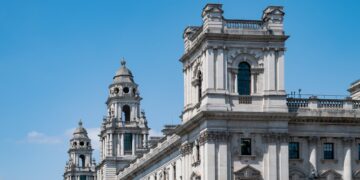 HM Treasury building on Whitehall in London, the department delivering the UK's October 2026 budget