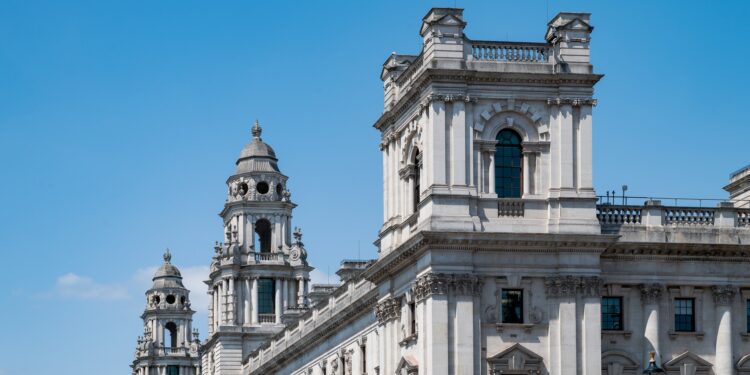 HM Treasury building on Whitehall in London, the department delivering the UK's October 2026 budget