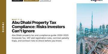 Aerial — Aerial view of Sheikh Zayed Road highway interchange at dusk, illustrating Abu Dhabi Property Tax Compliance: Risks Investors Can't Ignore