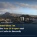 Apartment blocks and white residential buildings along the coast at Los Cristianos, Tenerife, with mountains behind and a sailing ship on calm water