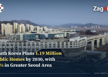 Aerial view of the Government Complex Sejong's long white terraced building with apartment towers and hills behind it