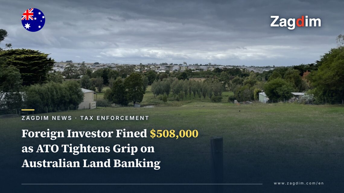 A vacant undeveloped residential block in Victoria, Australia, with a developed suburb visible in the distance, illustrating the ATO land-banking enforcement case