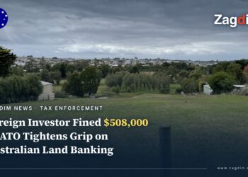 A vacant undeveloped residential block in Victoria, Australia, with a developed suburb visible in the distance, illustrating the ATO land-banking enforcement case