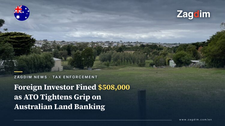 A vacant undeveloped residential block in Victoria, Australia, with a developed suburb visible in the distance, illustrating the ATO land-banking enforcement case