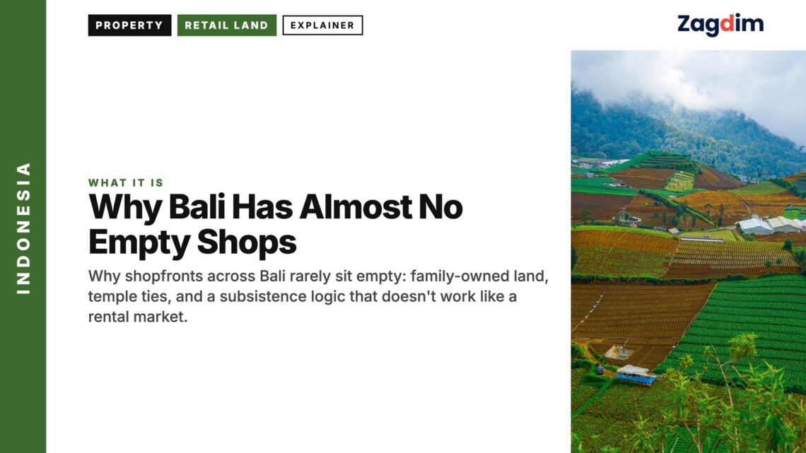 Rural — Aerial view of patchwork farmland terraces, illustrating Why Bali Has Almost No Empty Shops