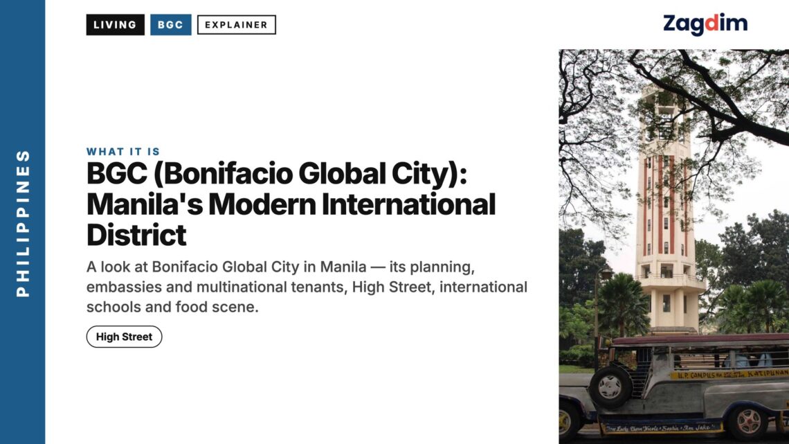 Transport — jeepney passing a university clock tower under trees (Manila), illustrating BGC (Bonifacio Global City): Manila's Modern International District