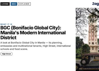 Transport — jeepney passing a university clock tower under trees (Manila), illustrating BGC (Bonifacio Global City): Manila's Modern International District