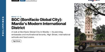 Transport — jeepney passing a university clock tower under trees (Manila), illustrating BGC (Bonifacio Global City): Manila's Modern International District