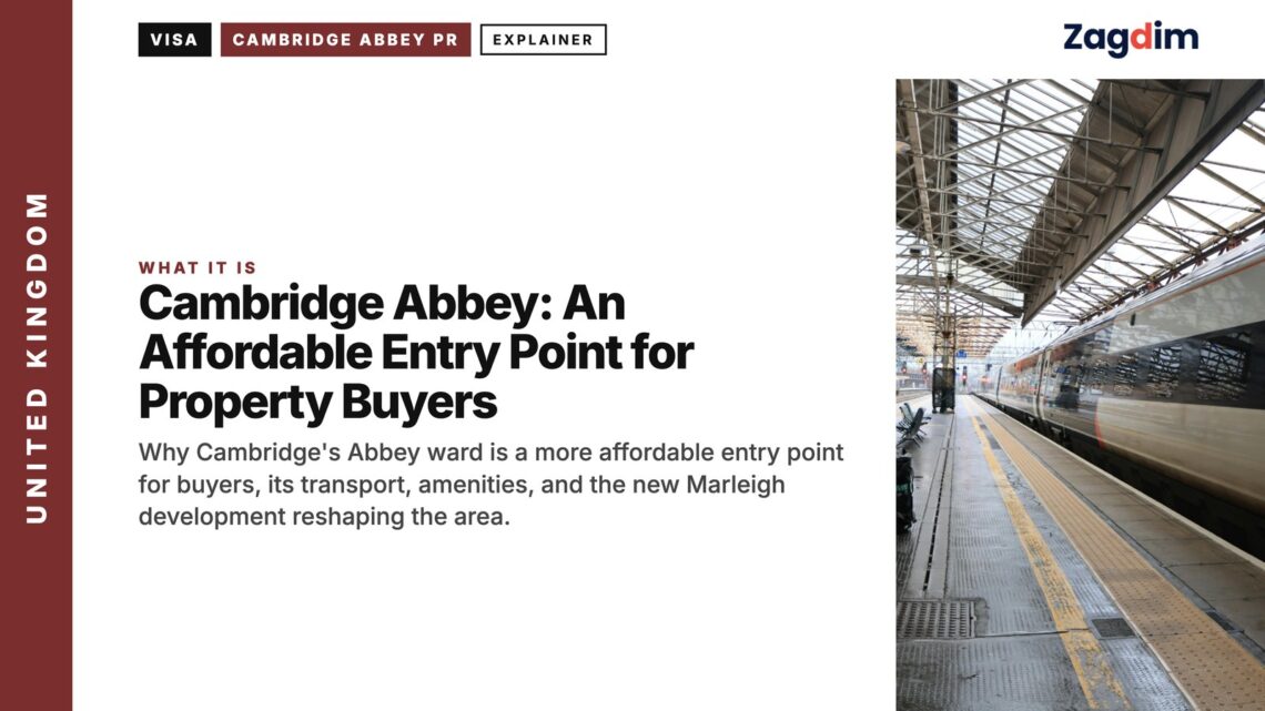 Station platform with a train, illustrating Cambridge Abbey: An Affordable Entry Point for Property Buyers