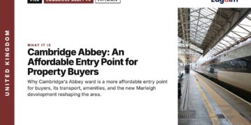 Station platform with a train, illustrating Cambridge Abbey: An Affordable Entry Point for Property Buyers
