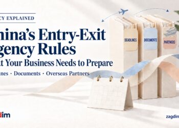 China’s Entry-Exit Agency Rules: What Your Business Needs to Prepare. Paper folders labelled Deadlines, Documents and Partners, with a calendar, Chinese gateway and flight route. AI-generated illustration.
