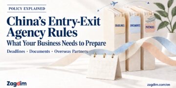 China’s Entry-Exit Agency Rules: What Your Business Needs to Prepare. Paper folders labelled Deadlines, Documents and Partners, with a calendar, Chinese gateway and flight route. AI-generated illustration.