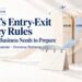China’s Entry-Exit Agency Rules: What Your Business Needs to Prepare. Paper folders labelled Deadlines, Documents and Partners, with a calendar, Chinese gateway and flight route. AI-generated illustration.