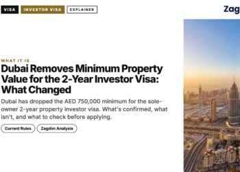 Skyline — Dubai skyline at sunrise with morning haze, illustrating Dubai Removes Minimum Property Value for the 2-Year Investor Visa: What Changed