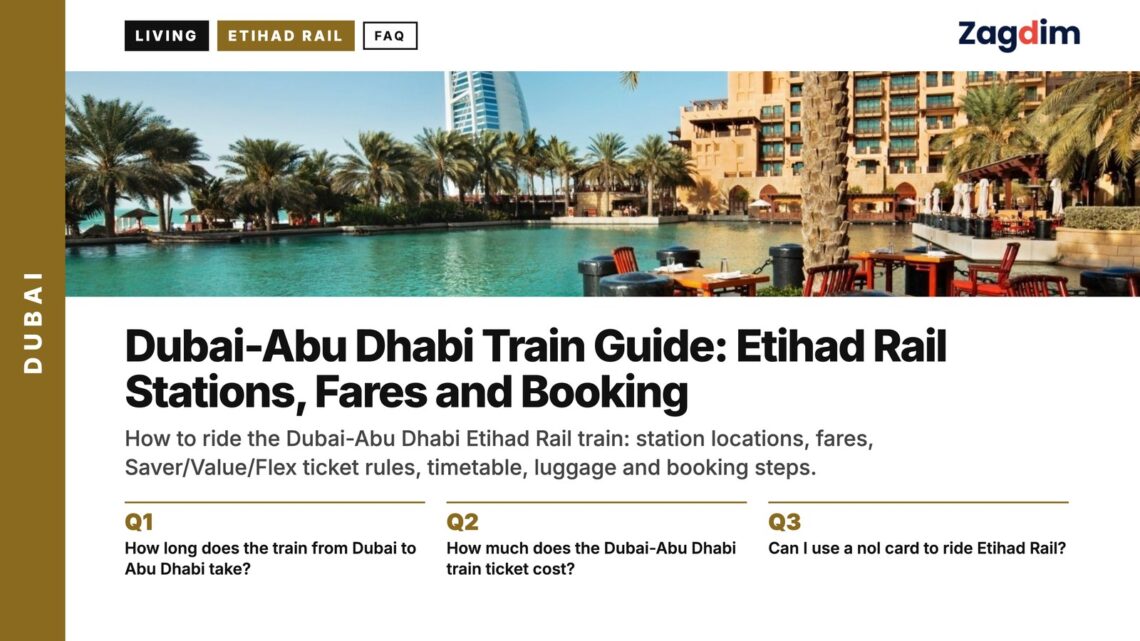 Landmark — Burj Al Arab framed by palm trees at resort, illustrating Dubai-Abu Dhabi Train Guide: Etihad Rail Stations, Fares and Booking