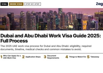 Night — Dubai Marina skyline illuminated at night, illustrating Dubai and Abu Dhabi Work Visa Guide 2025: Full Process
