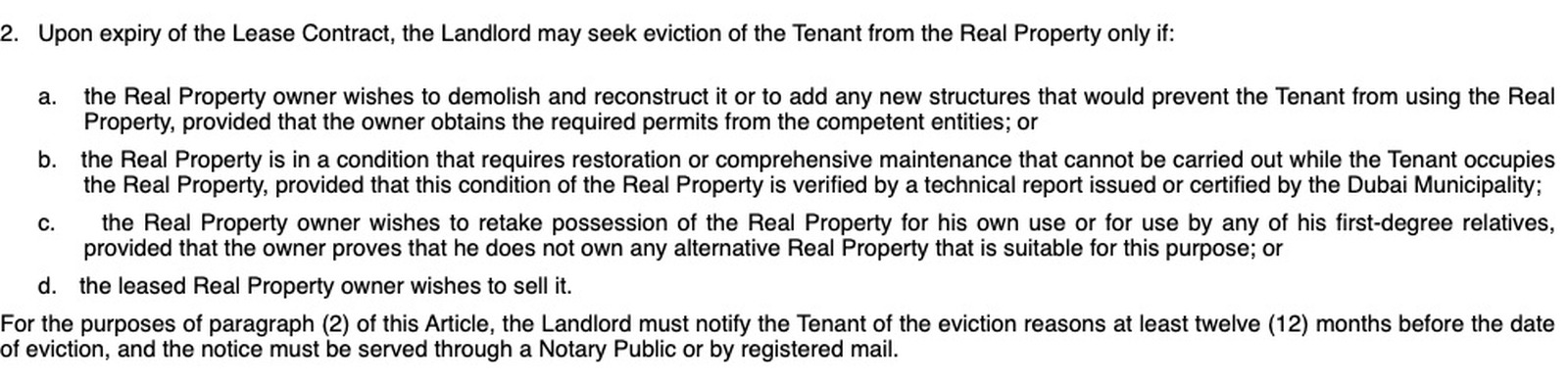 Article 25(2) of Dubai tenancy law, setting out the four grounds for repossession and the 12-month notice requirement
