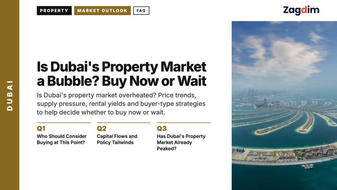 Aerial — Angled aerial view of Palm Jumeirah with city skyline, illustrating Is Dubai's Property Market a Bubble? Buy Now or Wait