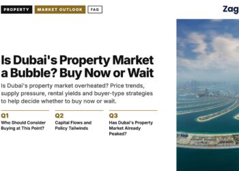 Aerial — Angled aerial view of Palm Jumeirah with city skyline, illustrating Is Dubai's Property Market a Bubble? Buy Now or Wait