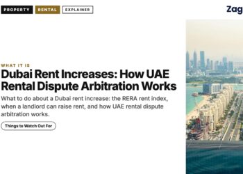 Aerial — Woman at infinity pool overlooking Dubai coastline, illustrating Dubai Rent Increases: How UAE Rental Dispute Arbitration Works