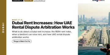 Aerial — Woman at infinity pool overlooking Dubai coastline, illustrating Dubai Rent Increases: How UAE Rental Dispute Arbitration Works