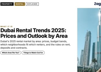 Landmark — Woman looking up at Burj Khalifa on street, illustrating Dubai Rental Trends 2025: Prices and Outlook by Area