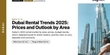 Landmark — Woman looking up at Burj Khalifa on street, illustrating Dubai Rental Trends 2025: Prices and Outlook by Area