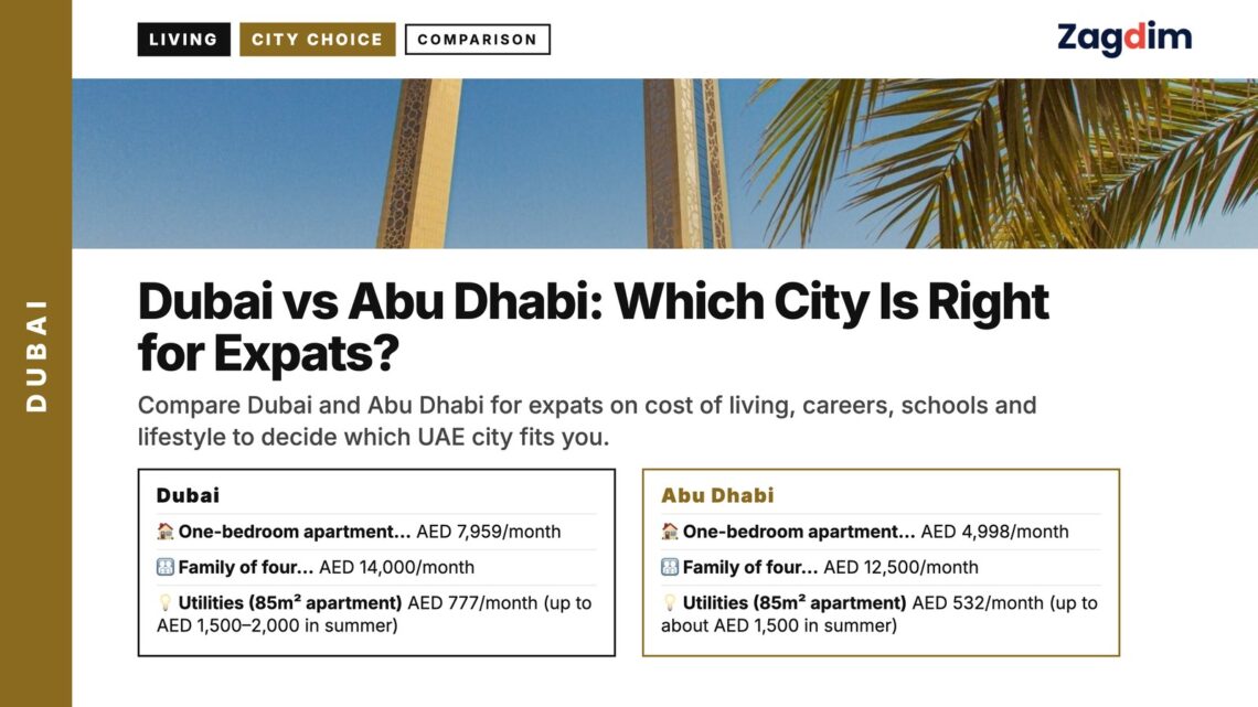 Landmark — Dubai Frame framed by palm tree fronds, illustrating Dubai vs Abu Dhabi: Which City Is Right for Expats?
