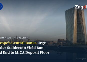 European Central Bank headquarters and the Frankfurt skyline at dawn, on the EU stablecoin rules story