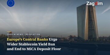 European Central Bank headquarters and the Frankfurt skyline at dawn, on the EU stablecoin rules story