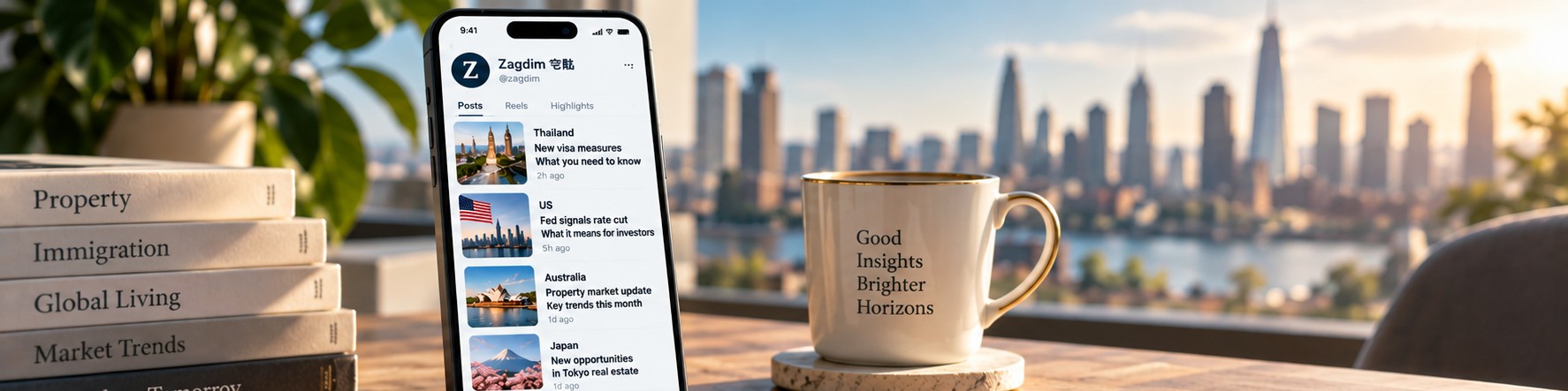 A morning desk: Zagdim's daily updates on a phone beside a cup of coffee, with a city skyline outside
