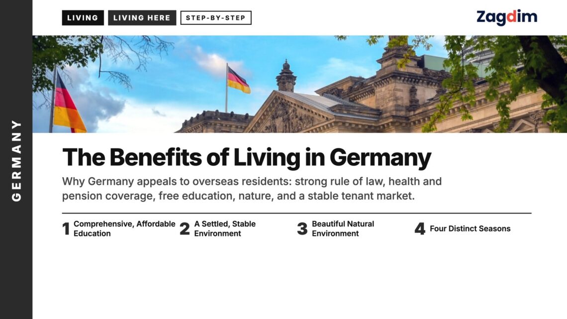 Landmark — Reichstag building facade with German flags framed by trees, illustrating The Benefits of Living in Germany