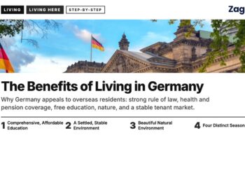 Landmark — Reichstag building facade with German flags framed by trees, illustrating The Benefits of Living in Germany