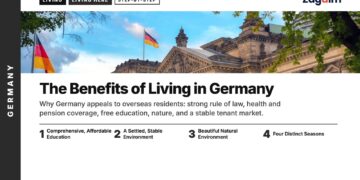 Landmark — Reichstag building facade with German flags framed by trees, illustrating The Benefits of Living in Germany