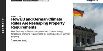 Landmark — Reichstag rooftop with German flag against cloudy sky, illustrating How EU and German Climate Rules Are Reshaping Property Requirements