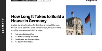 Landmark — Reichstag tower with two German flags against blue sky, illustrating How Long It Takes to Build a House in Germany