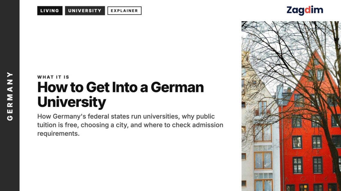 Architecture — Red and white gabled townhouses seen through bare trees, illustrating How to Get Into a German University