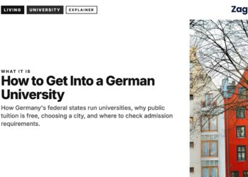 Architecture — Red and white gabled townhouses seen through bare trees, illustrating How to Get Into a German University