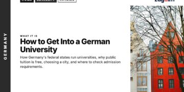 Architecture — Red and white gabled townhouses seen through bare trees, illustrating How to Get Into a German University
