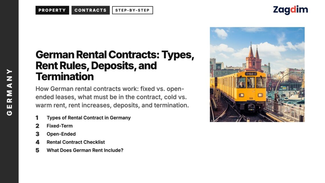 Transport — Yellow U-Bahn train arriving with Oberbaumbruecke towers Berlin, illustrating German Rental Contracts: Types, Rent Rules, Deposits, and Termination