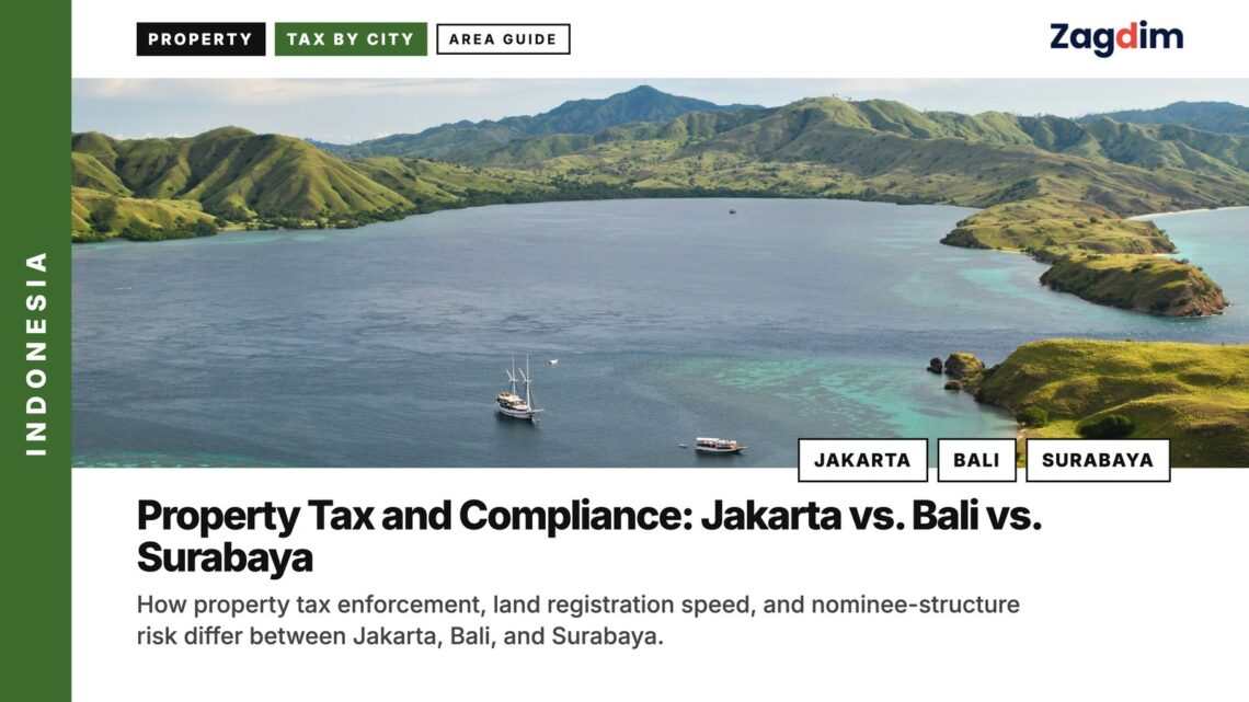 Aerial — Aerial view of Komodo island bay with boats, illustrating Property Tax and Compliance: Jakarta vs. Bali vs. Surabaya