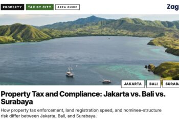Aerial — Aerial view of Komodo island bay with boats, illustrating Property Tax and Compliance: Jakarta vs. Bali vs. Surabaya