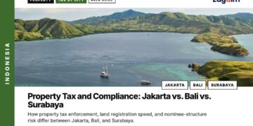 Aerial — Aerial view of Komodo island bay with boats, illustrating Property Tax and Compliance: Jakarta vs. Bali vs. Surabaya