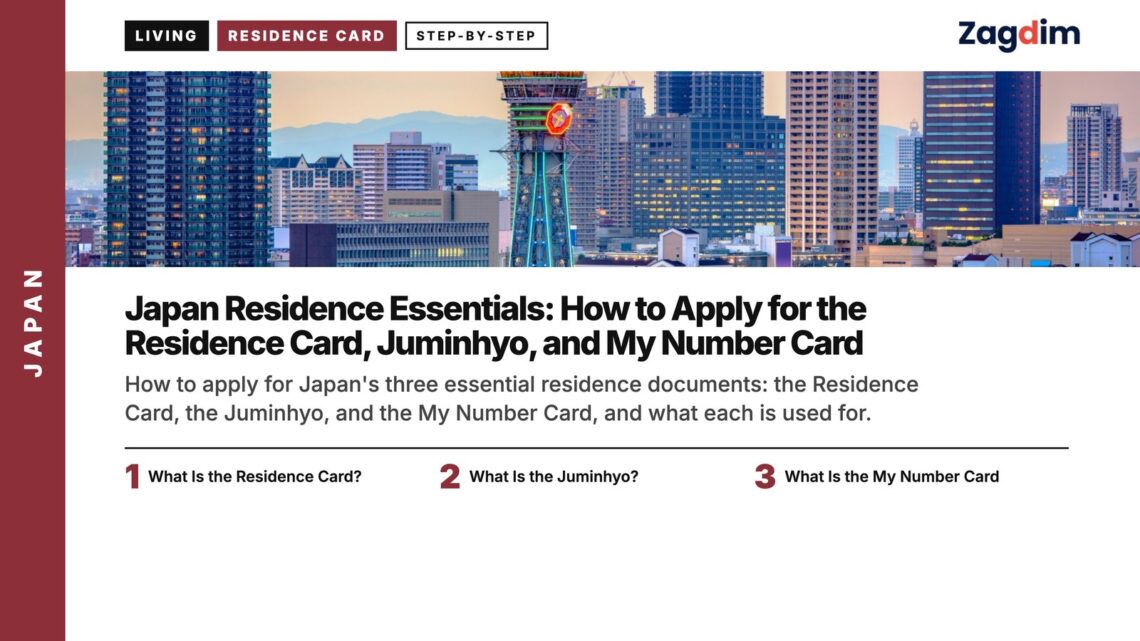 Skyline — Osaka skyline with tower at sunset, illustrating Japan Residence Essentials: How to Apply for the Residence Card, Juminhyo, and My Number Card