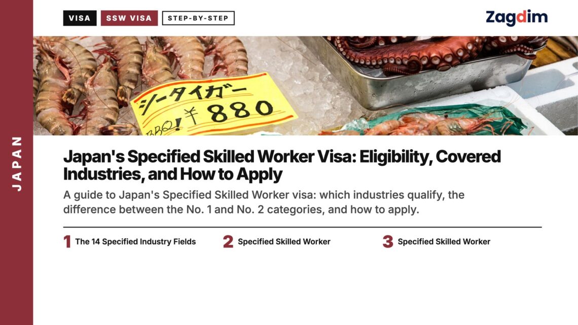 Market — seafood market stall with shrimp octopus and oysters, illustrating Japan's Specified Skilled Worker Visa: Eligibility, Covered Industries, and How to Apply